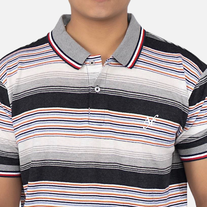Men Charcoal Black Multi Stripe Polo Neck T-shirt