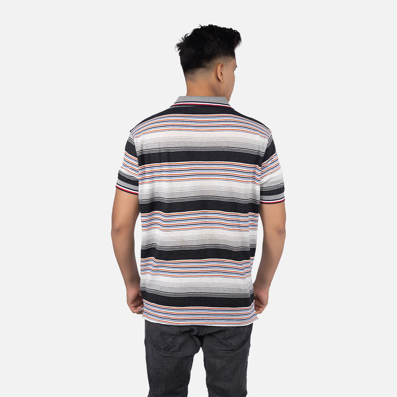 Men Charcoal Black Multi Stripe Polo Neck T-shirt