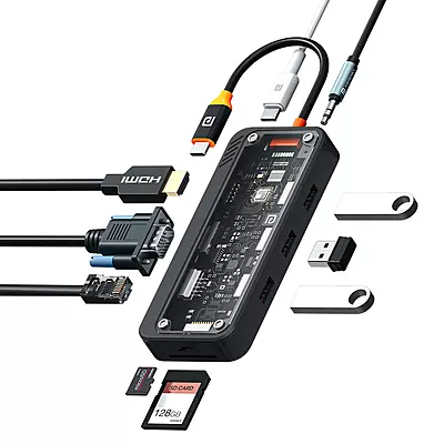 Portronics MPort View Three - 10in1 Multifunction USB-C Docking Station with PD Charging, 4K HDMI, USB3.0, USB2.0, 1000MBPS Ethernet, VGA, SD & Micro SD Card Reader