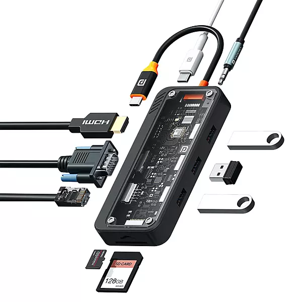 Portronics MPort View Three - 10in1 Multifunction USB-C Docking Station with PD Charging, 4K HDMI, USB3.0, USB2.0, 1000MBPS Ethernet, VGA, SD & Micro SD Card Reader