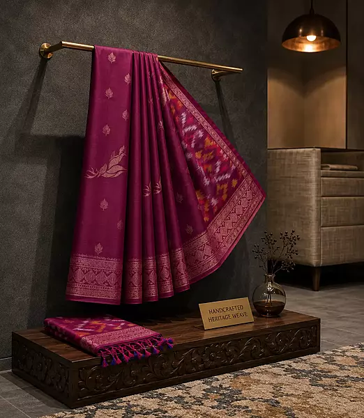 Magenta Ikat Silk Saree with Deer Zari Motifs & Handwoven Border & ikat blouse | Handloom Saree