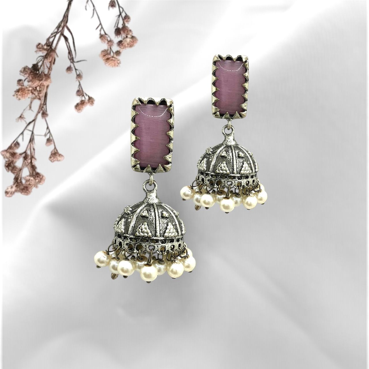 Silver plated Brass Earrings (Pink) #19