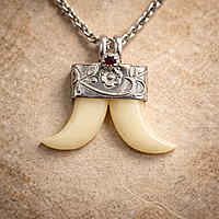 Sterling Silver Faux Ivory Tiger Tooth Pendant | Artificial Ivory Double Tooth Design with Red Stone