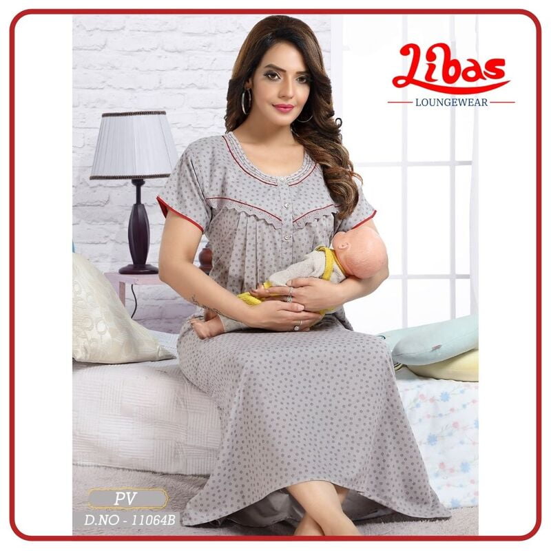 Thistle Grey Bizi Lizi Pleated Feeding Nighty with Side Zip From Libas Loungewear - FNT065 Thistle Grey Bizi Lizi Pleated Feeding Nighty with Side Zip From Libas Loungewear - FNT065