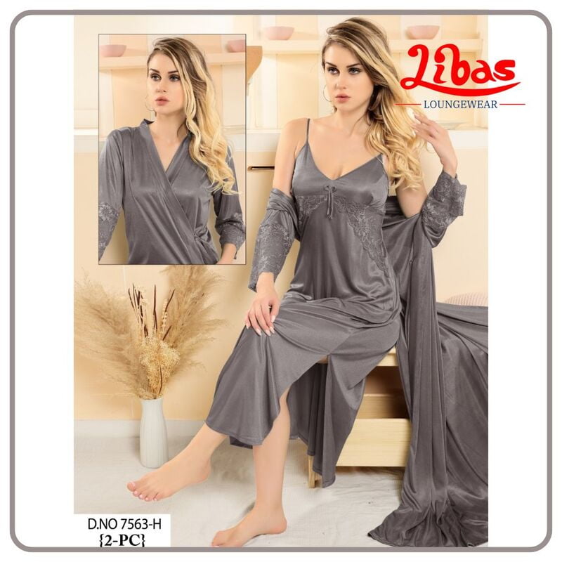 Plain Opium Grey Satin Two Piece Fancy Nighty From Libas Loungewear - FCN163