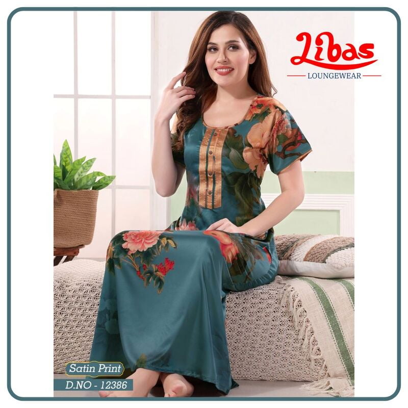 Paradiso Teal Premium Satin Nighty With Floral Print All Over From Libas Loungewear - ST097 Paradiso Teal Premium Satin Nighty With Floral Print All Over From Libas Loungewear - ST097