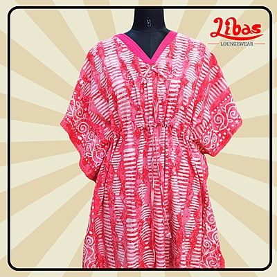 Pure Pink Cotton Kaftan Nighty With Floral Design From Libas Loungewear - KF380