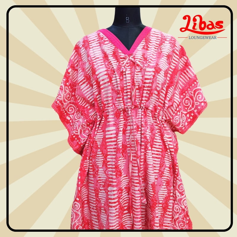 Pure Pink Cotton Kaftan Nighty With Floral Design From Libas Loungewear - KF380 Pure Pink Cotton Kaftan Nighty With Floral Design From Libas Loungewear - KF380