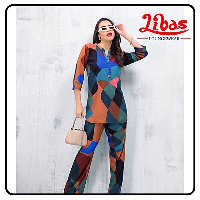 Mahogany Bliss Geometric Top & Bottom Hosiery Cotton Women Night Suit From Libas Loungewear- FPS151