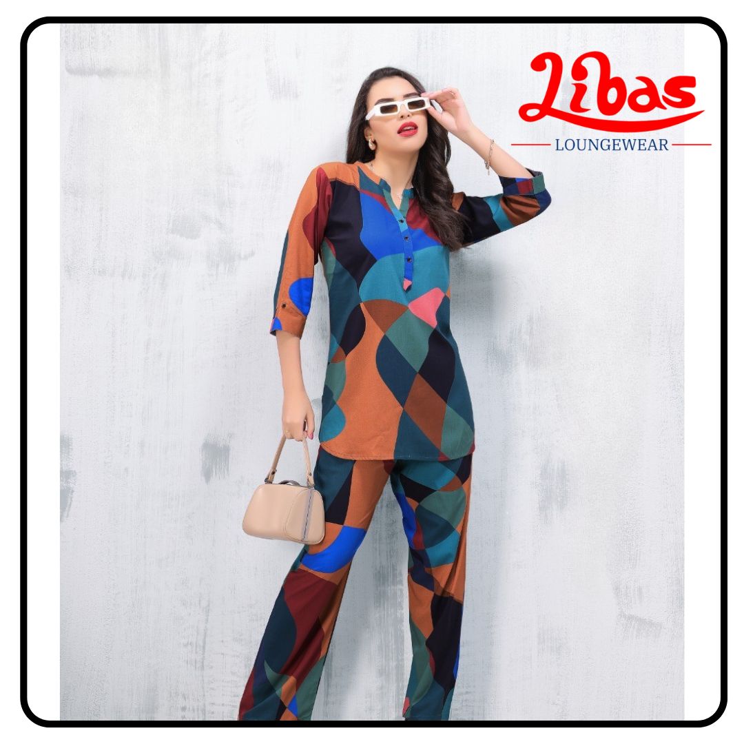 Mahogany Bliss Geometric Top & Bottom Hosiery Cotton Women Night Suit From Libas Loungewear- FPS151