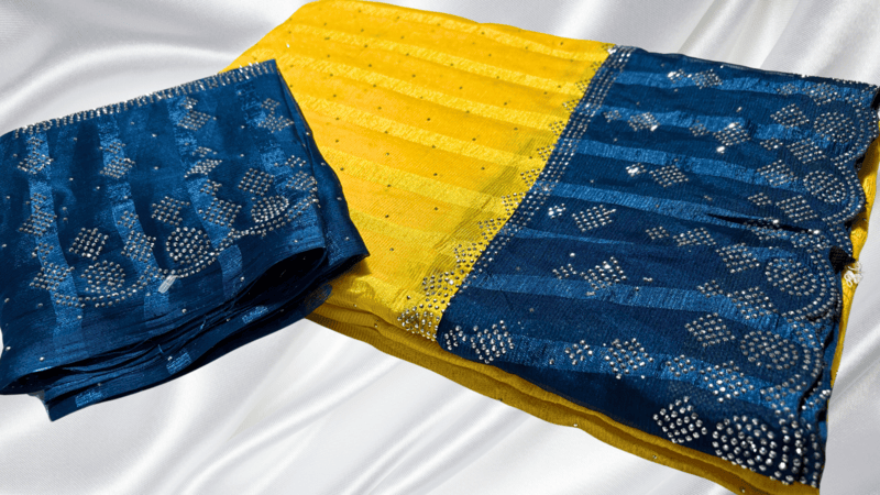 Popcorn Dual Cut Color Stone Work Saree - Yellow & Blue