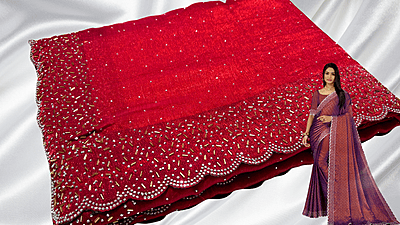 Space Silk Cut Stone Work Designer Saree - Red