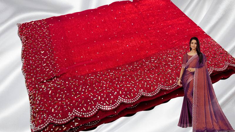 Space Silk Cut Stone Work Designer Saree - Red