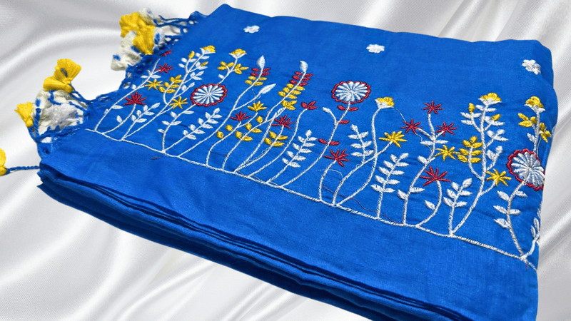 Khadi Cotton Floral Embroidery Saree - Sky Blue
