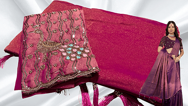 Winter Peacock Aari Cut Work Saree - Pink