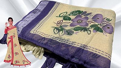 Linen Aari Work Sandal Saree - Lavendar