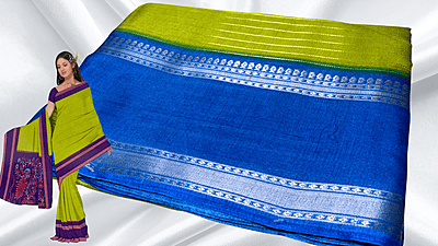 Tiger Silk Gold Jari Saree - Leaf Green & Royal Blue Tiger Silk Gold Jari Saree - Leaf Green & Royal Blue