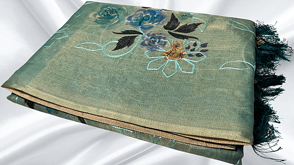 Tissue Silk Thread Work Aari Saree - Seafoam Green