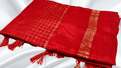 Premaloka Fancy Mysore Check Saree - Bright Red