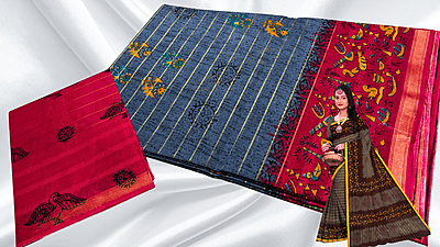 Batik Jari Pure Cotton Saree - Silver & Red Pink Batik Jari Pure Cotton Saree - Silver & Red Pink