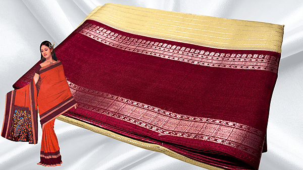 Tiger Silk Gold Jari Saree - Cream & Maroon