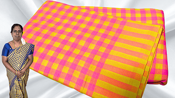 Jyotsna Soft Checks Cotton Saree - Baby Pink & Yellow