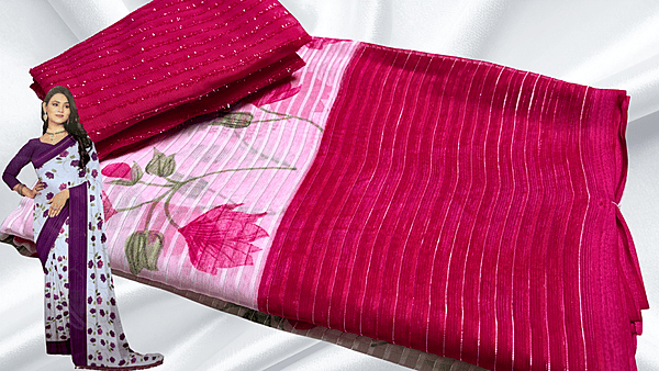 Champion Soft White Base Floral Saree - Rani Pink