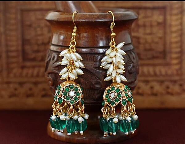Green beads rice pearl jhumka long