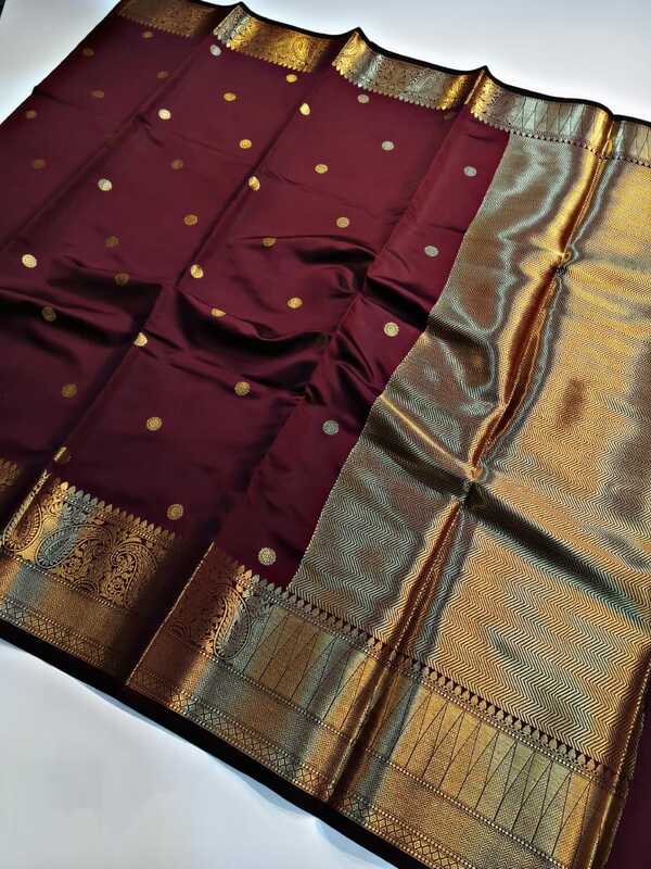 Chocolate brown and golden border silk saree