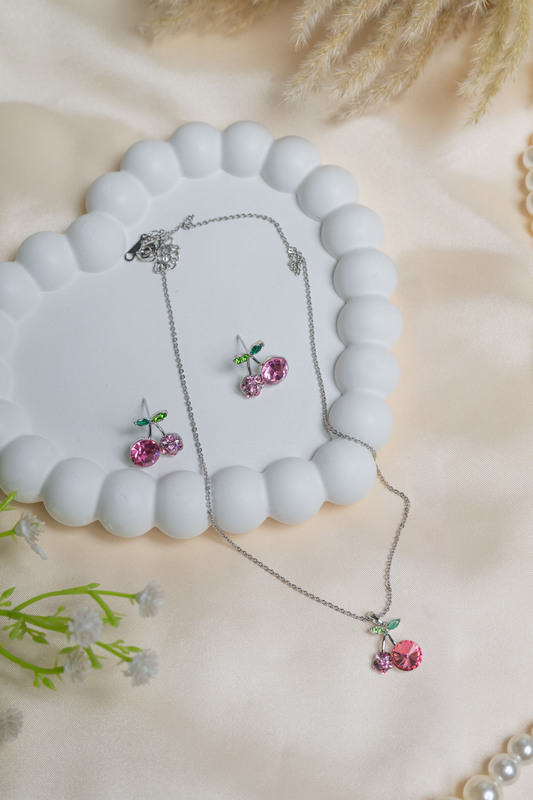 Rhinestone Cherry Necklace and Studs