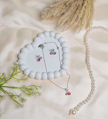 Rhinestone Cherry Necklace and Studs
