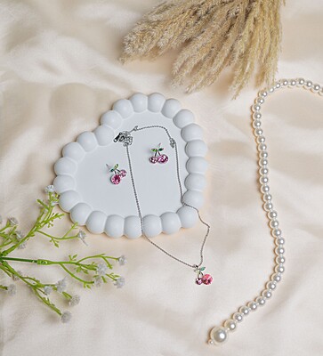 Rhinestone Cherry Necklace and Studs
