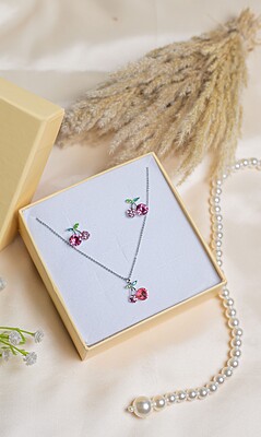 Rhinestone Cherry Necklace and Studs