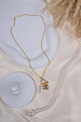 Gold Heart & Bar Pearl Necklace