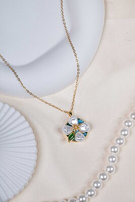 Enamel Floral Pearl Pendant