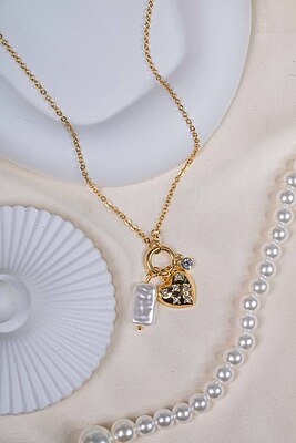 Gold Heart & Bar Pearl Necklace