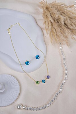 Square Gemstone Necklace & Earrings