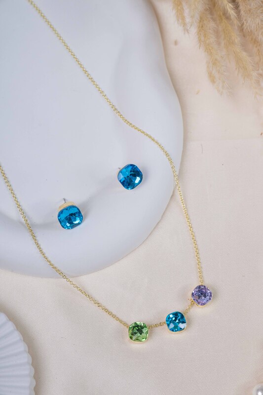 Square Gemstone Necklace & Earrings