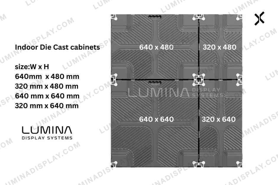 Aluminium diecast indoor LED cabinet 640 x 640 mm with 8 magnet module mounts – Lumina