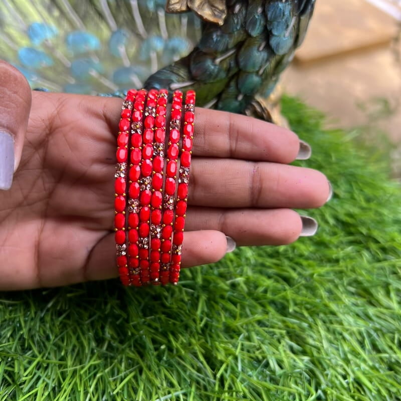 GLASS BANGLE STONE FLOWER DESIGHN PINK RED