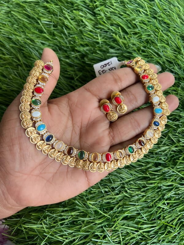 Temple Lakshmi  design with unique multi stone neckpiece