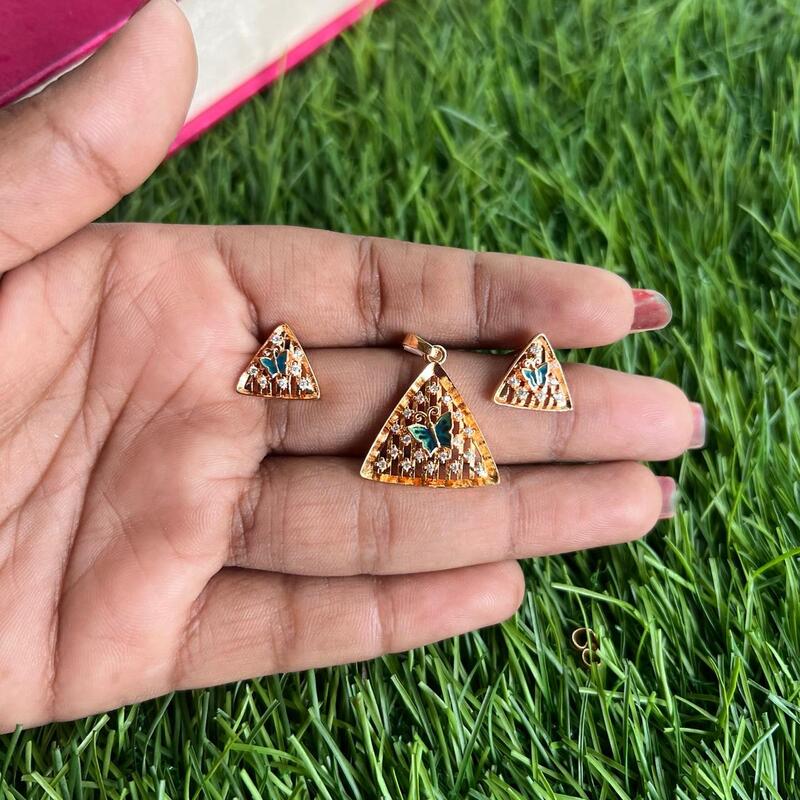 Unique triangle within butterfly with stone pendant earning set