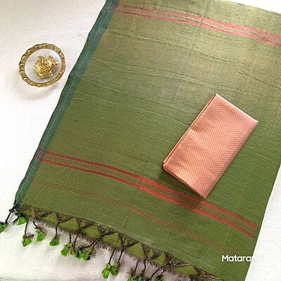 Green Khadi Cotton Zari Striped Saree
