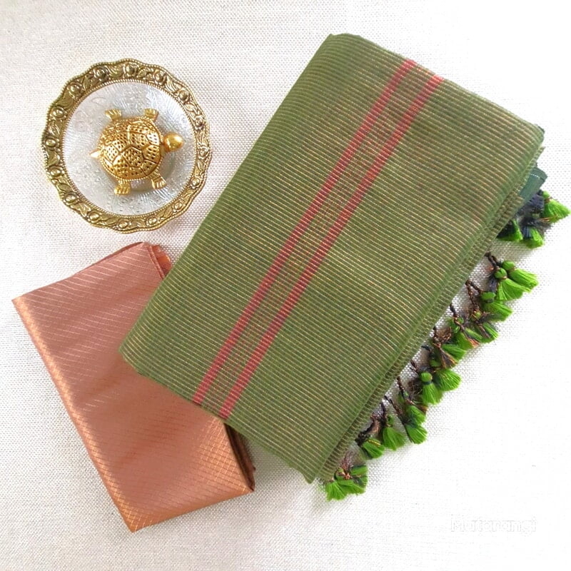 Green Khadi Cotton Zari Striped Saree