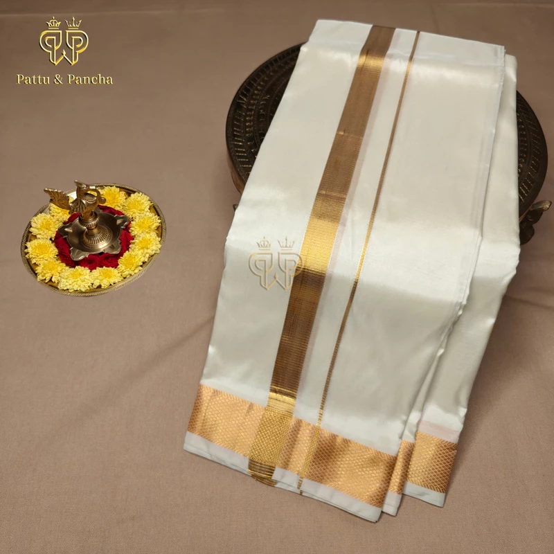 Pure Silk Blend Off-White Dhoti with Gold Zari Border