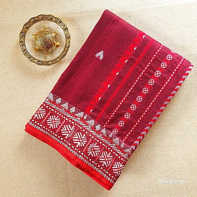Maroon Premium Handwoven Khadi Cotton Jamdani Saree