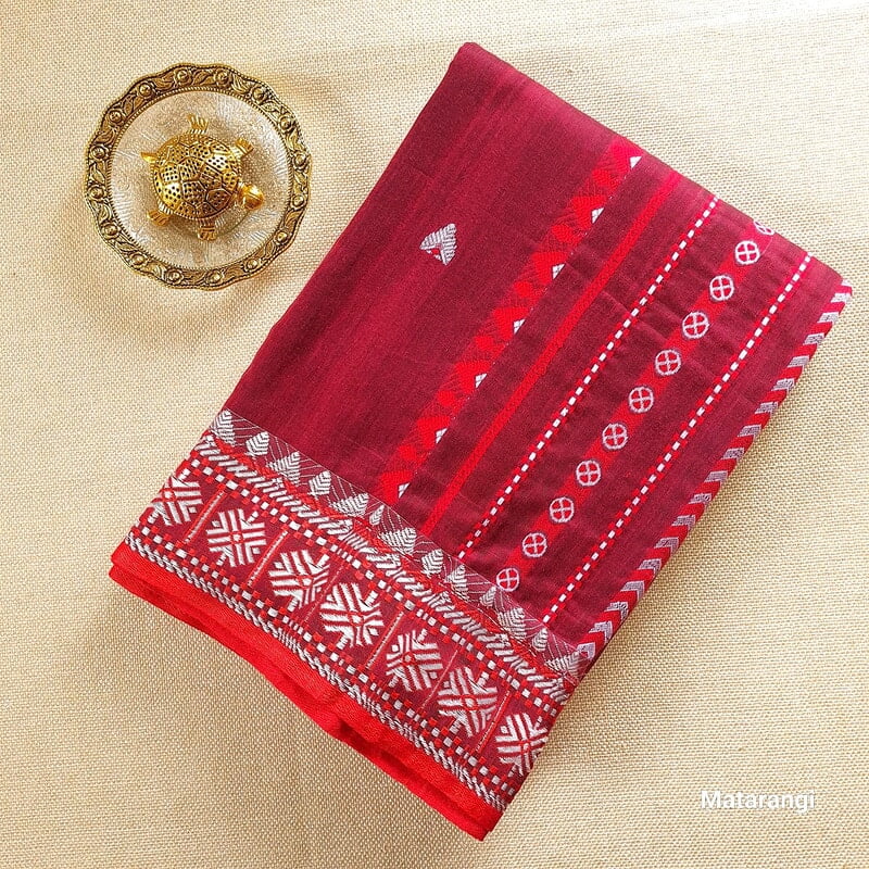 Maroon Premium Handwoven Khadi Cotton Jamdani Saree