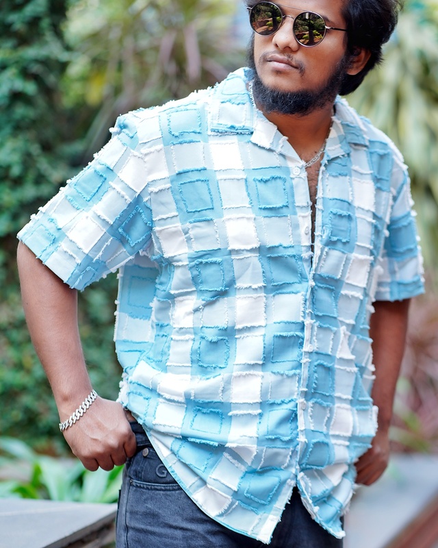 Rawscal Textured Casual Shirt – Sky Blue & White | Oversized | Half Sleeves