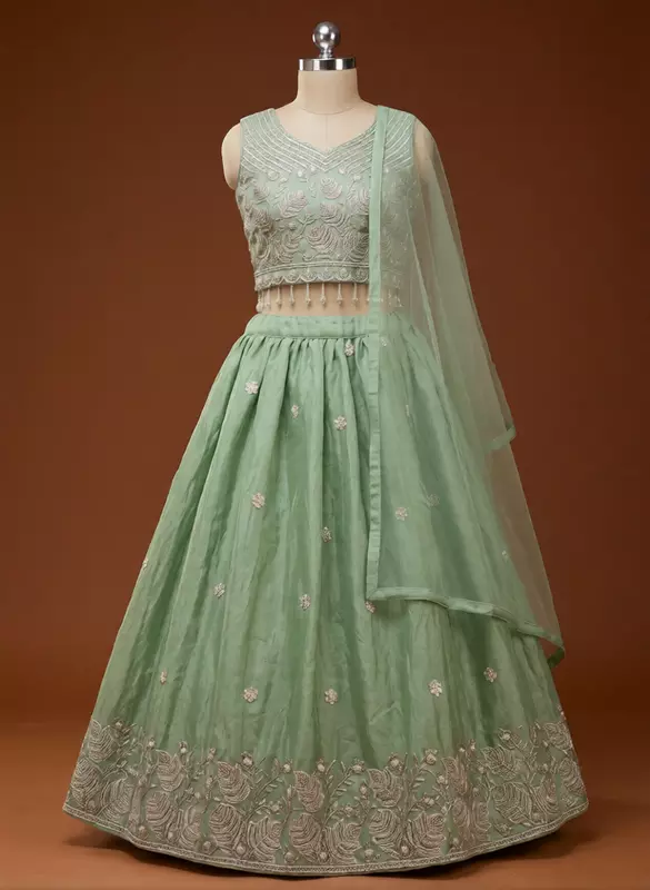 Mint Blossom Princess Embroidered Festive Lehenga Choli Set for Girls