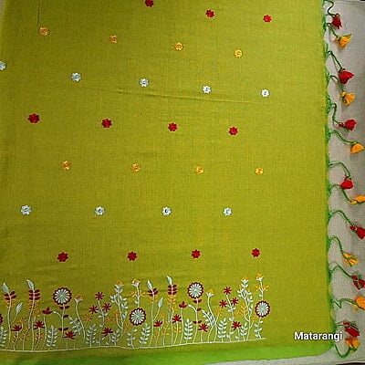 Lime Green Embroidered Pure Cotton Saree